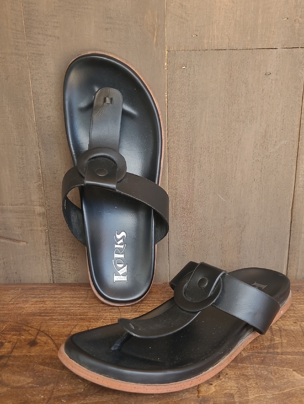 Kork-Ease Black Leather Thong Sandals with Brown Sole